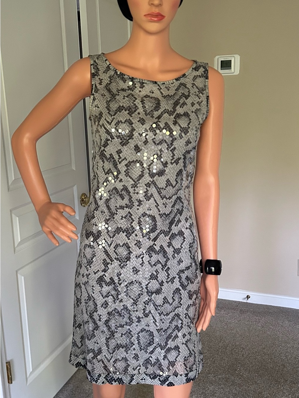 Escada Silver Gray Sequin Snake-Print Mini Dress